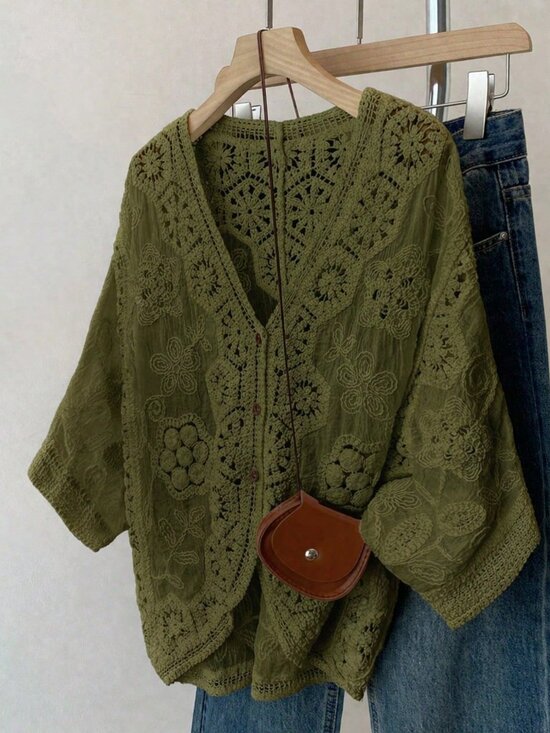 Tops - Green Boho Crochet Women's Cardigan with Floral Geometric Lace V-Neck Button-Up